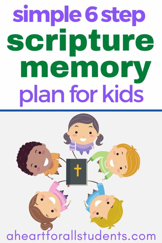 5 cartoon smiling kids circles around a bible
