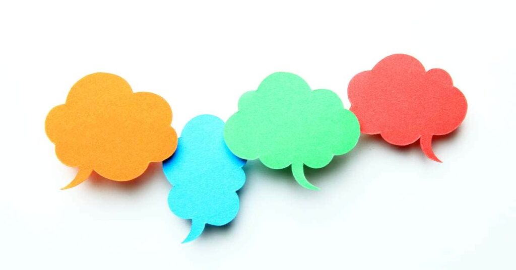 Four different colored of speech bubbles (yellow, teal, green, and coral) each against a white background.