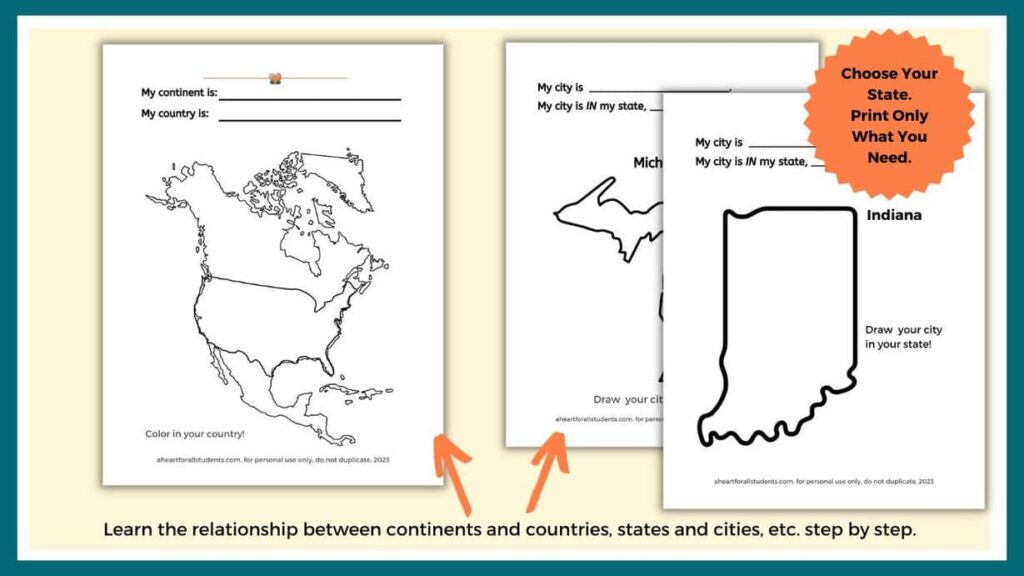 Two Sample Pages of a Geography Unit Study with one page showing an outline of North America. Next to it are two sample pages showing Michigan and Indiana.