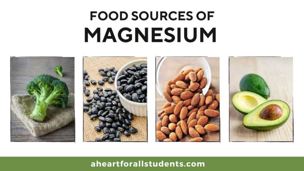 "Food sources of Magnesium" in black text against white background. Photo of a piece of broccoli, a bowl of black beans, a bowl of almonds, and a cut avocado.