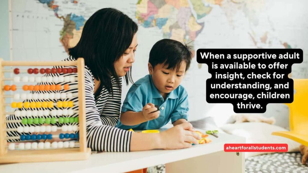 "When a supportive adult is available to offer insight, check for understanding, and encourage, children thrive." Asian-American mom doing schoolwork with her son. There is a large wall map behind them.