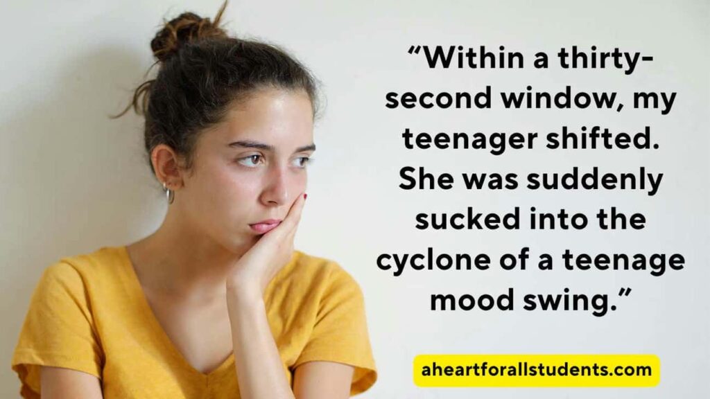 "Within a thirty-second window, my teenager shifted. She was suddenly sucked into the cyclone of a teenage mood swing.” Teenage girl with dark brown hair in a top-knot staring to the side deep in thought.
