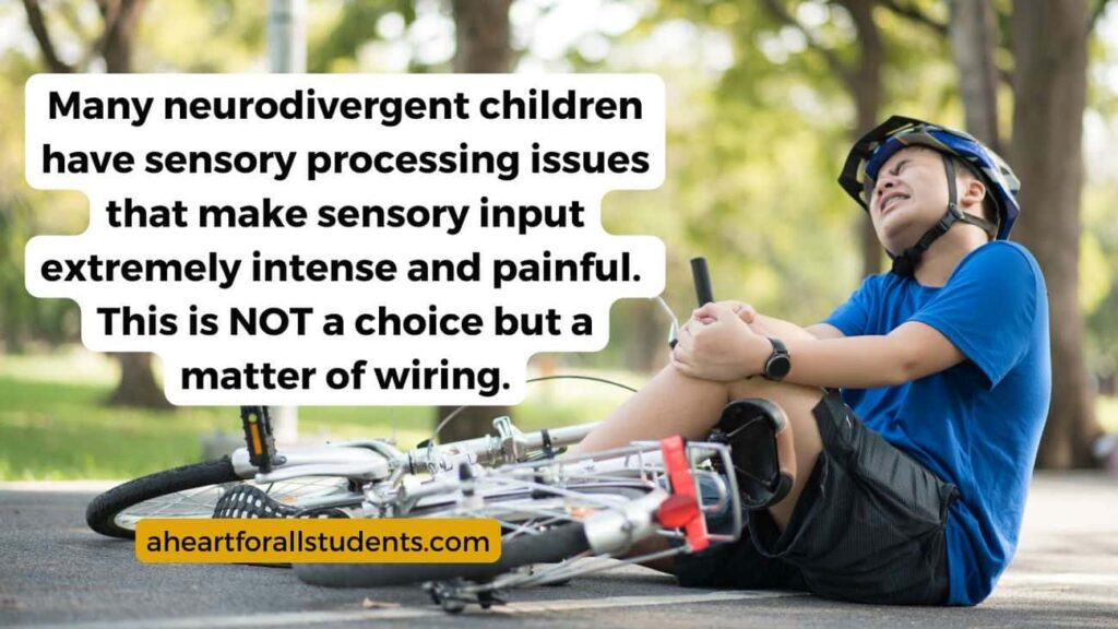 "Many neurodivergent children have sensory processing issues that make sensory input extremely intense and painful. This is NOT a choice but a matter of wiring." Young boy wearing bike helmet lying on the ground after falling off his bike.